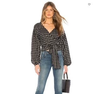 Tularosa Camille Wrap Top Black White Plaid Long Sleeve Blouse Sz XS